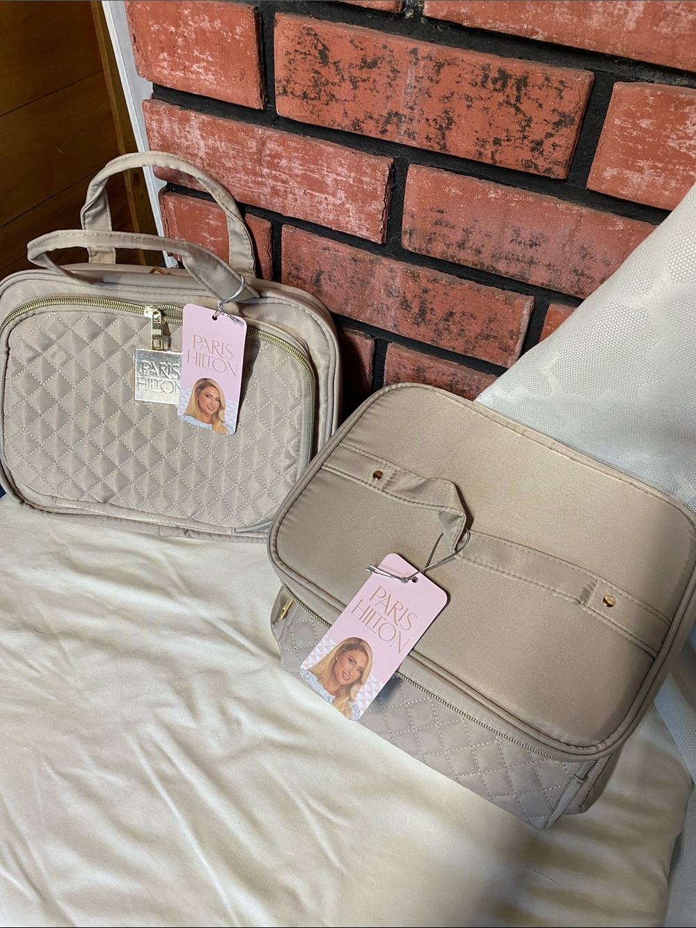 Paris Hilton Beige Quilted Cosmetic Carry On Case Set and Toiletries hanging Bag